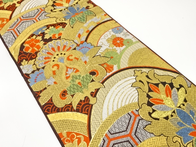 アンティーク　青海波に華紋・古典柄織り出し袋帯（着用可）